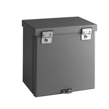 Type 3/3R junction boxes, 18" height, 8" length, 18" width, NEMA 3R, Hinged cover, RTHC enclosure, Surface mounted, Medium single door, 9 knockouts, Embossed thru holes, Carbon steel