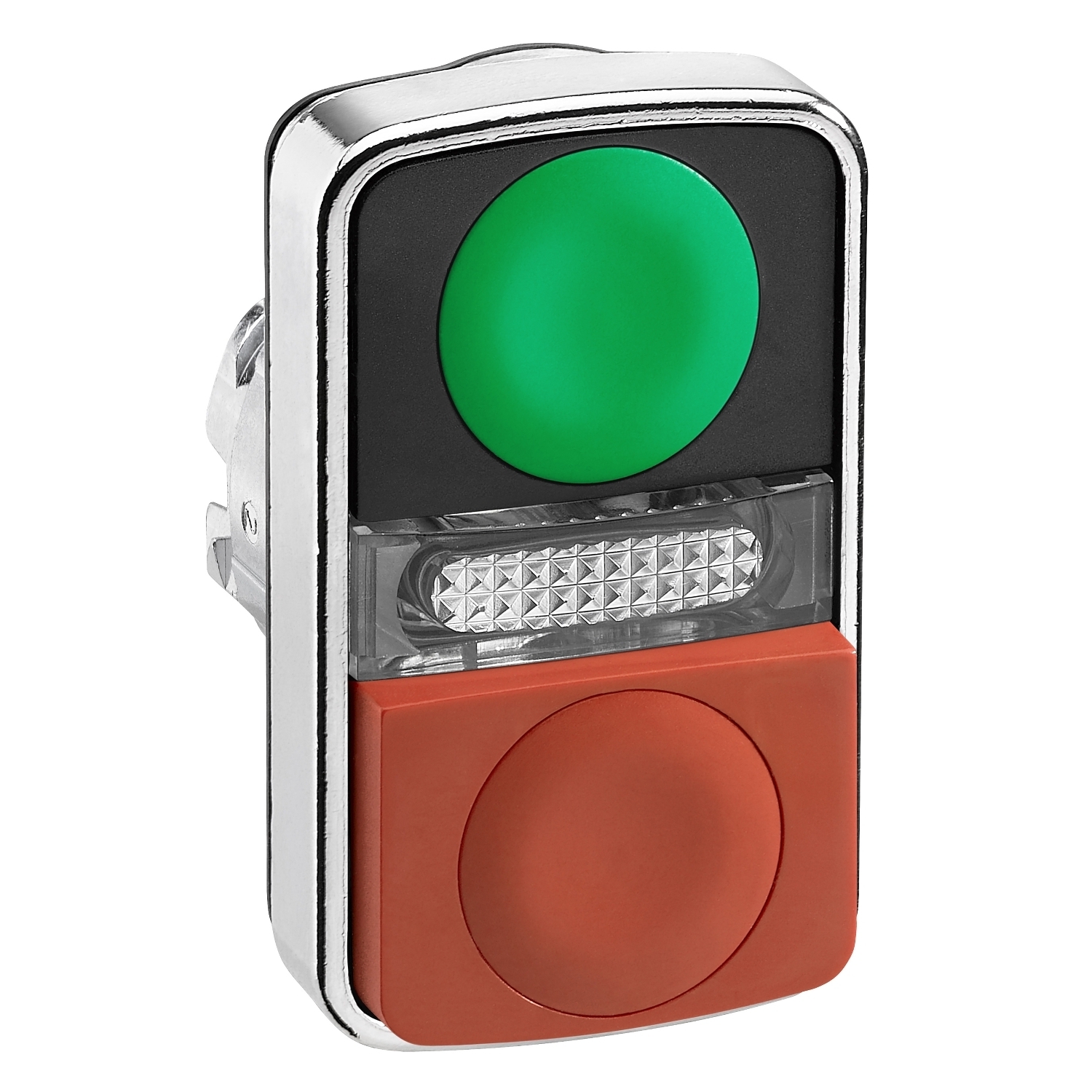 ZB4BW7L3740 Harmony Flush/Projecting Non-Illuminated Momentary Standard Unmarked Pushbutton Head With Clear Central LED Pilot Light, 22 mm, Rectangle Shape, Chromium Plated Metal, Green/Red