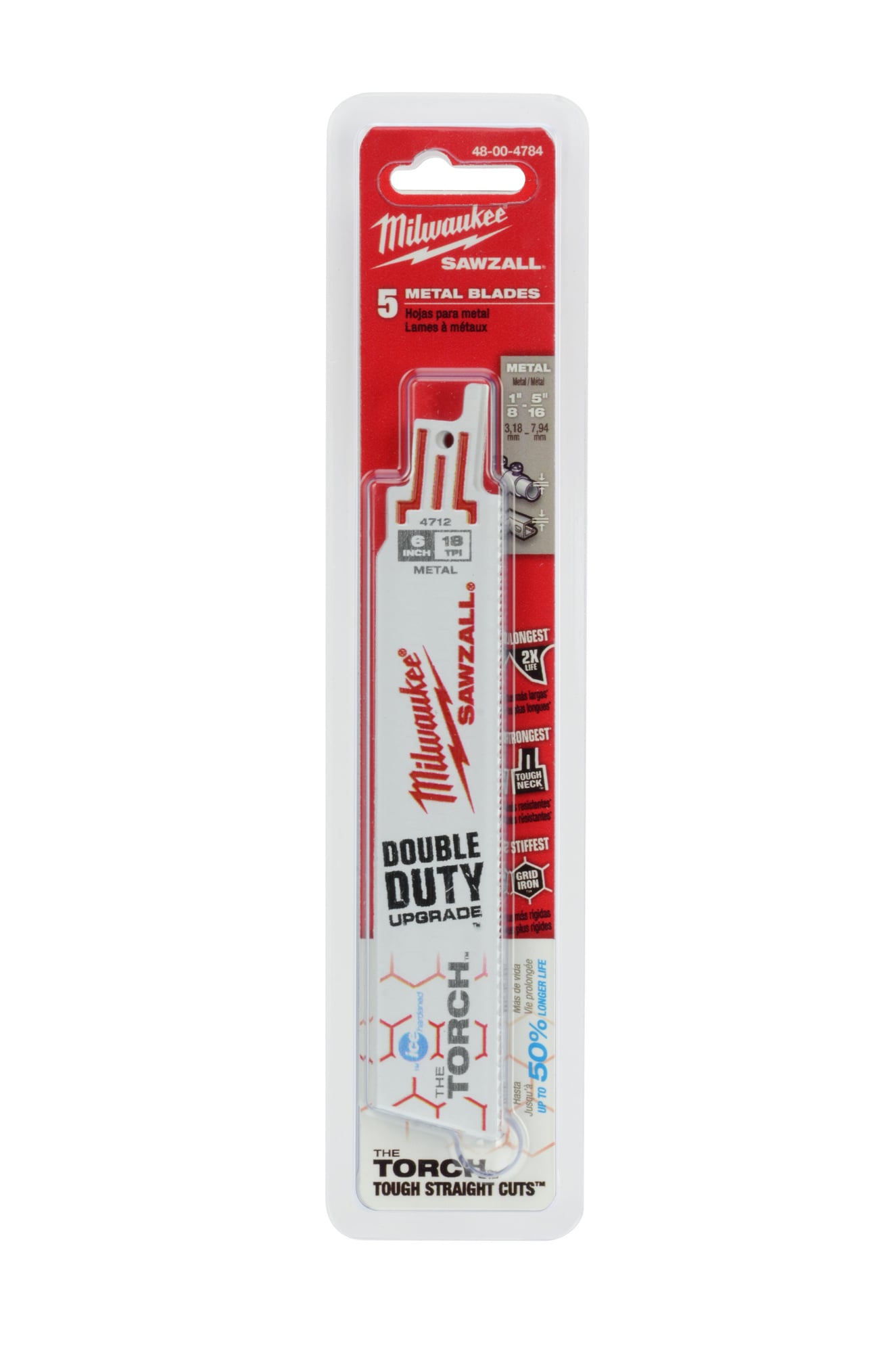48-00-4784 Sawzall The Torch Ice Hardened Double Duty Straight Back Reciprocating Saw Blade, 6 in L x 1 in W, 18 TPI, Bi-Metal Body, Universal/Toothed Edge Tang