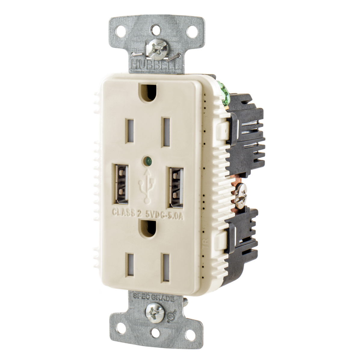 USB15A5LA Duplex Grounding Heavy Duty Tamper-Resistant Standard USB Charger Receptacle With Green LED, 125 V AC, 20 A, 1875 W, 1 Phase, 2 Poles, 3 Wires, Light Almond