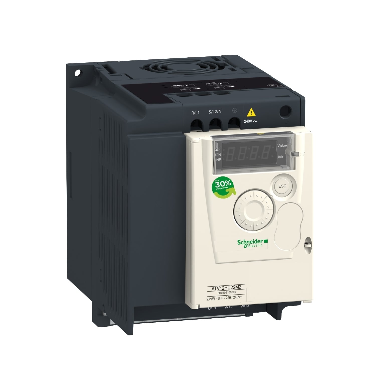 ATV12HU15M2 Altivar 1-Phase Variable Speed Drive With Heat Sink, 200 to 240/230 V AC, 14.9/17.8 A, 2 hp, 4.13 in W x 6.15 in D