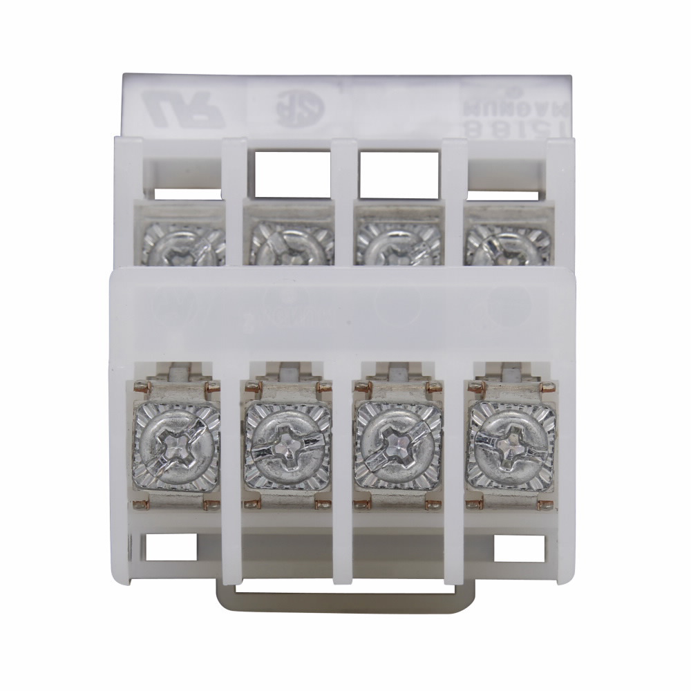 Eaton Bussmann series 15188 depluggable DIN terminal block, Reverse wiring, locking strap, 600V, 30A, Four-pole, #6-32 TPI Screw, White