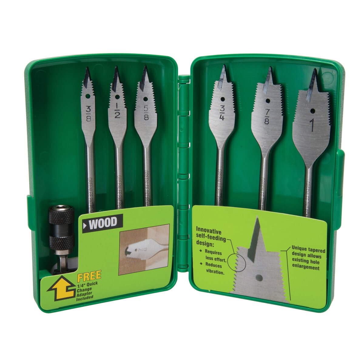 34AR-6 Self-Feeding Spade Bit Kit, 3/8 in Min Drill Bit, 1 in Max Drill Bit, 6 Pieces, For Use With 1/4 in or Larger Power Drill, Steel