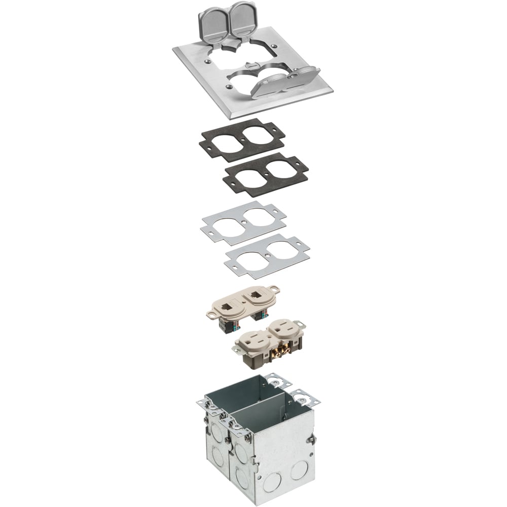 Arlington FLB5552NL 2 Gang Combo Floor Outlet Box Kit; 5.018 Inch Width x 3.764 Inch Depth x 5.018 Inch Height, Plastic Box, Nickel-Plated Cover