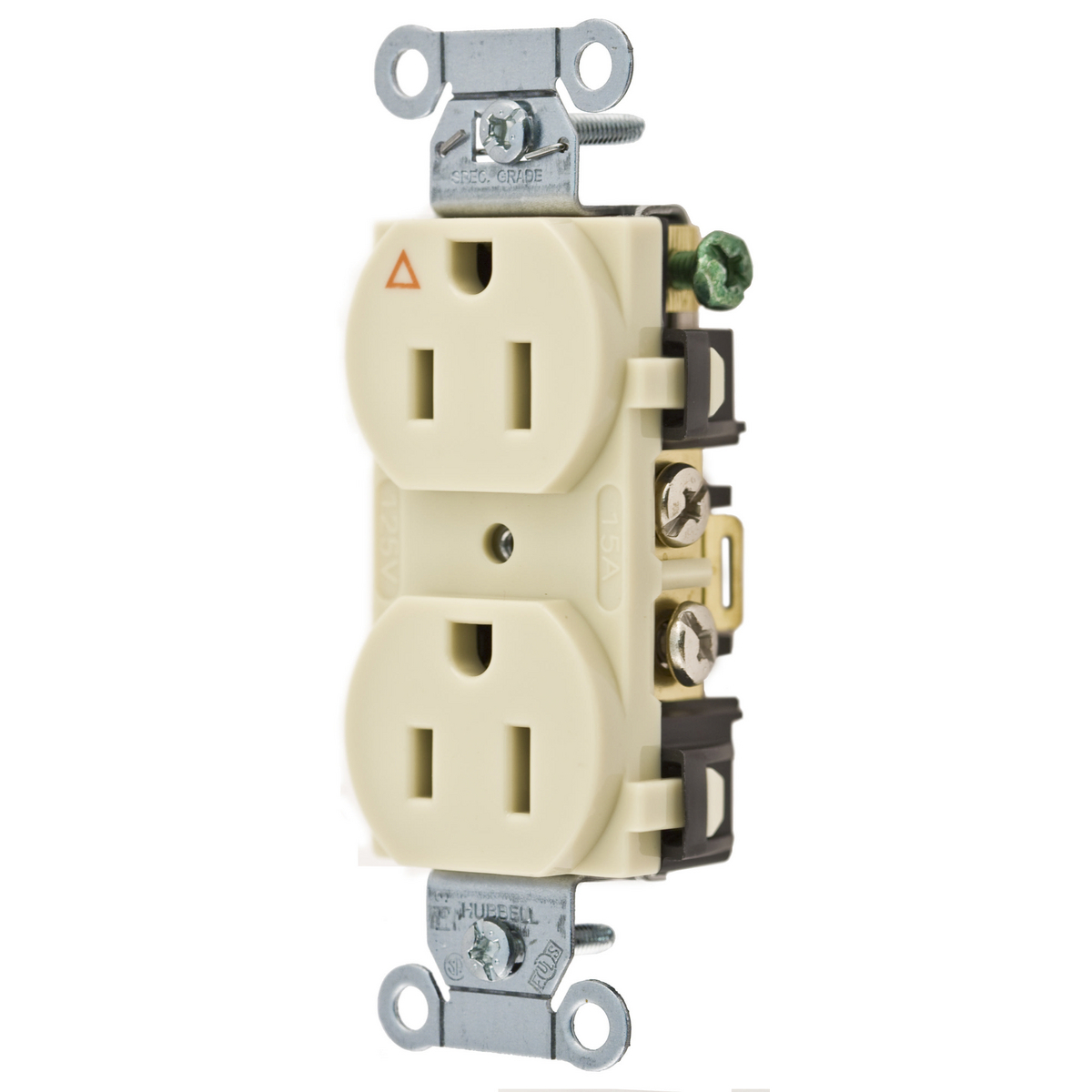 IG15CRI 1-Phase Corrosion-Resistant Duplex Isolated Ground Standard Traditional Screw Mount Straight Blade Receptacle, 125 V AC, 15 A, 2 Poles, 3 Wires, Ivory