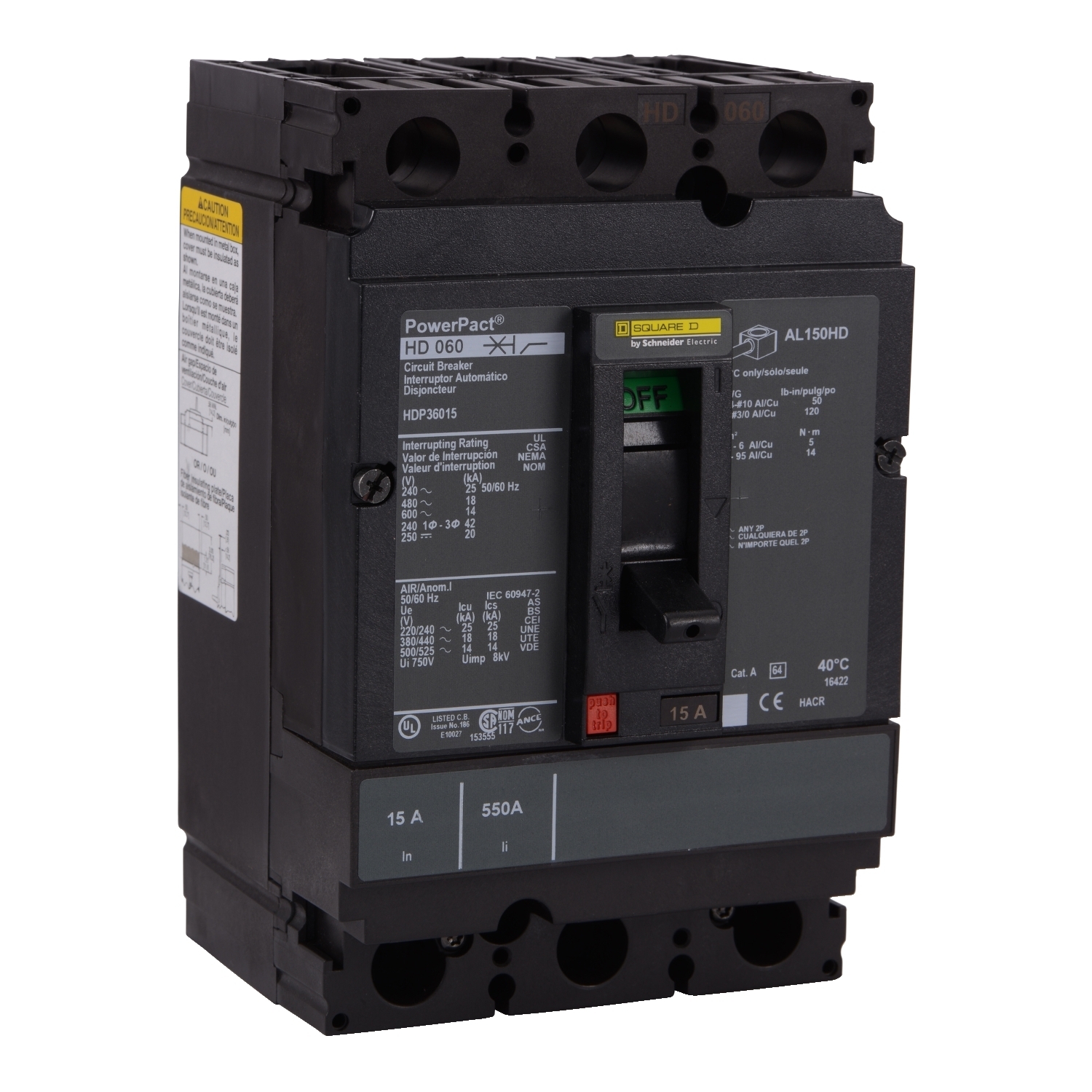 HDP36100 I-Line PowerPact H Type HDP Molded Case Circuit Breaker, 600 VAC, 250 VDC, 100 A, 18/14/20/25 kA Interrupt, 3 Poles, Thermal Magnetic Trip