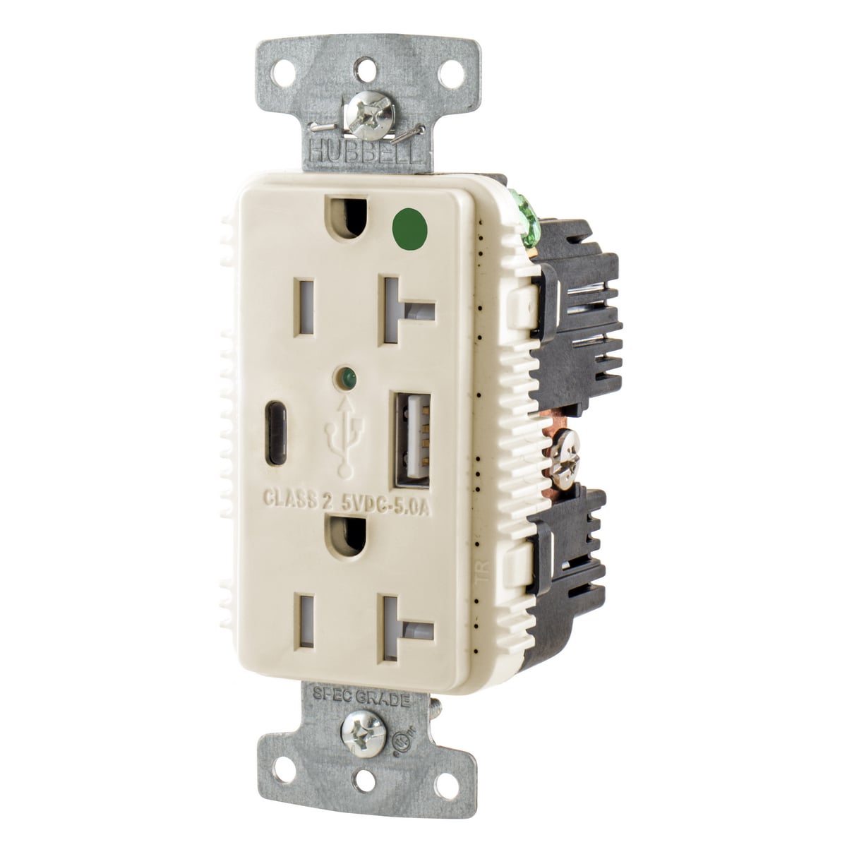 USB8300AC5LA Duplex Grounding Tamper-Resistant Standard USB Charger Receptacle With Green LED, 125 V AC, 20 A, 1 hp, 2500 W, 1 Phase, 2 Poles, 3 Wires, Light Almond