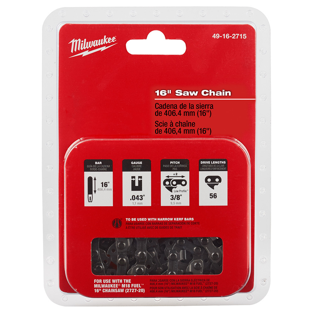 49-16-2715 Replacement Saw Chain, 16 in L, 0.043 in, 3/8 in Pitch, Steel, Black