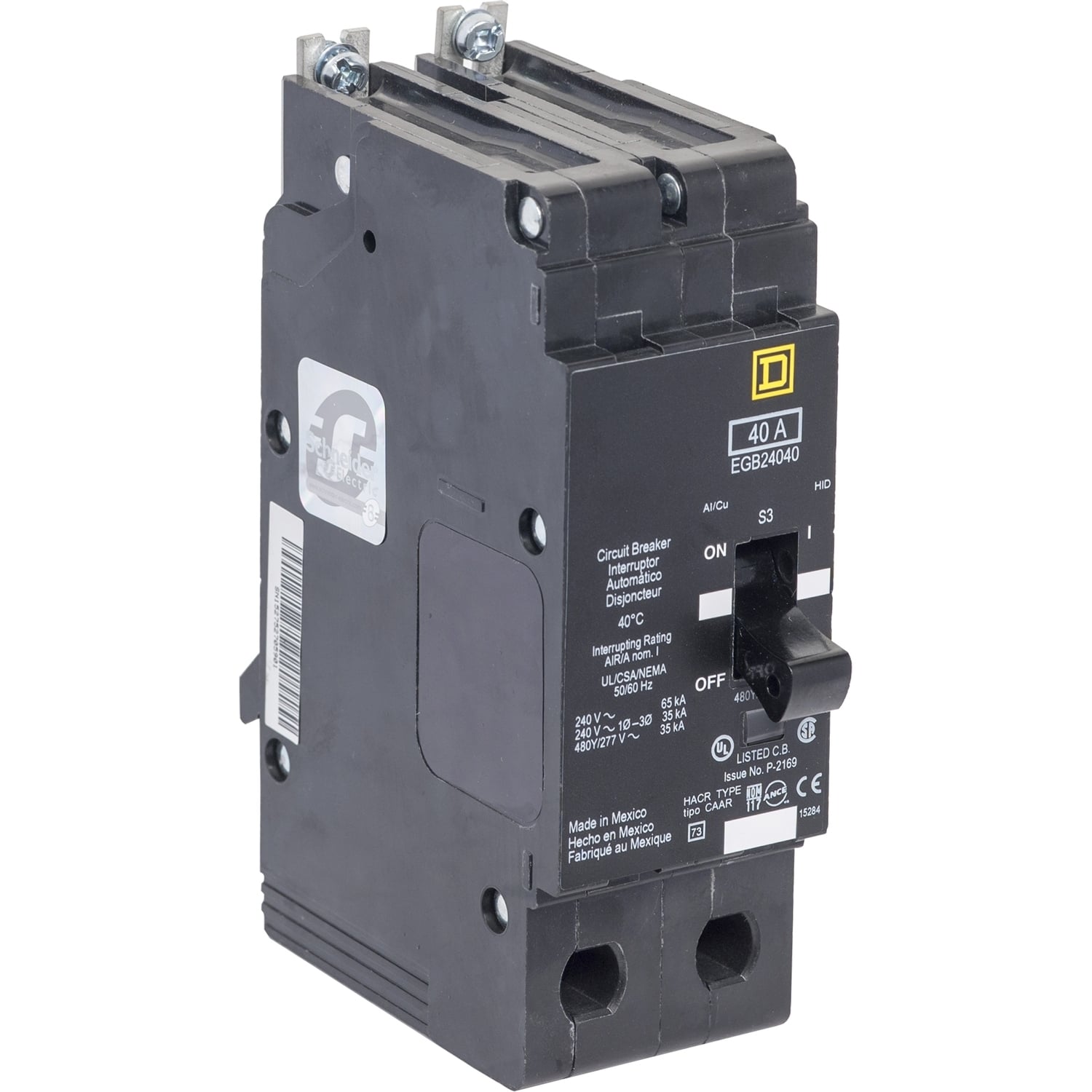 EJB24080 Type EJB Circuit Breaker, 480Y/277 V AC, 80 A, 100 kA at 240 VAC/65 kA at 480Y/277 VAC Interrupt, 2 Poles, Thermal Magnetic Trip