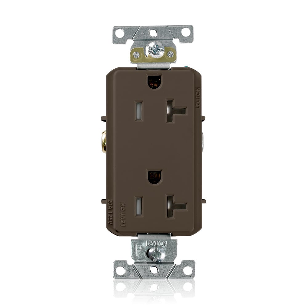TDR20 Decora Plus Duplex Heavy Duty Self-Grounding Smooth Face Tamper-Resistant Straight Blade Receptacle, 125 V AC, 20 A, 2 Poles, 3 Wires, Brown