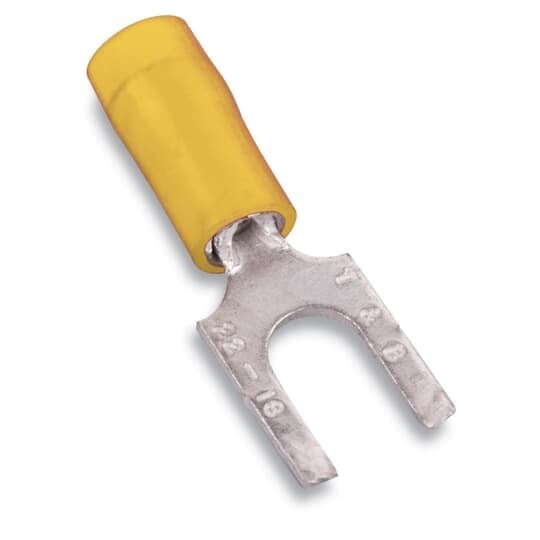 RC10-8FS Sta-Kon RC Series Insulated Fork Terminal, 12 to 10 AWG Conductor, 0.97 in L, Brazed Seam/Serrated Barrel, Copper, Yellow