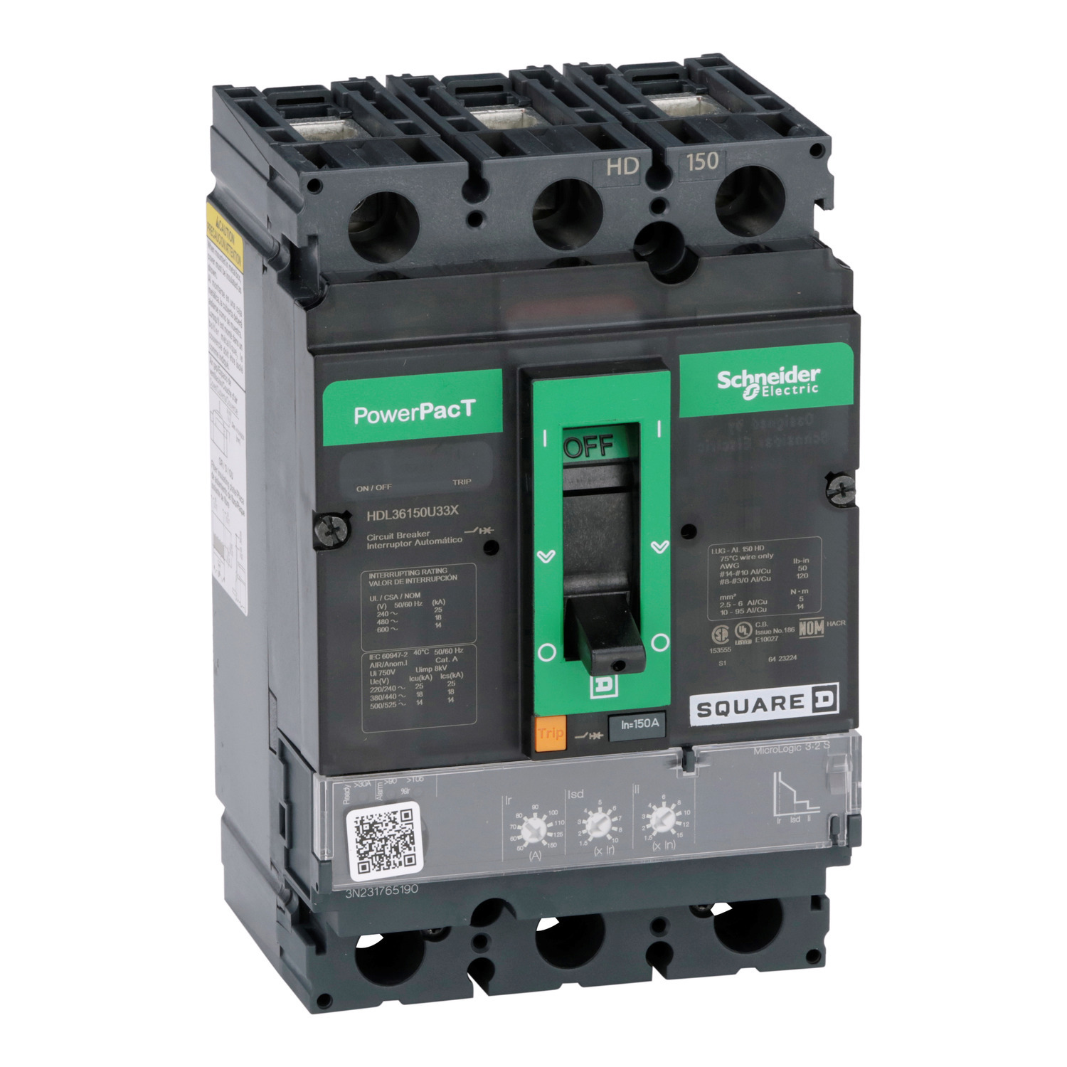 HDL36150U33X Molded Case Circuit Breaker, 150 Amp, 3 Pole, 600V