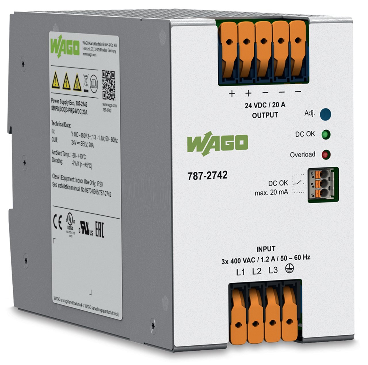787-2742 3-Phase, 700 V Input, 24 V DC Output, DIN Rail Mount