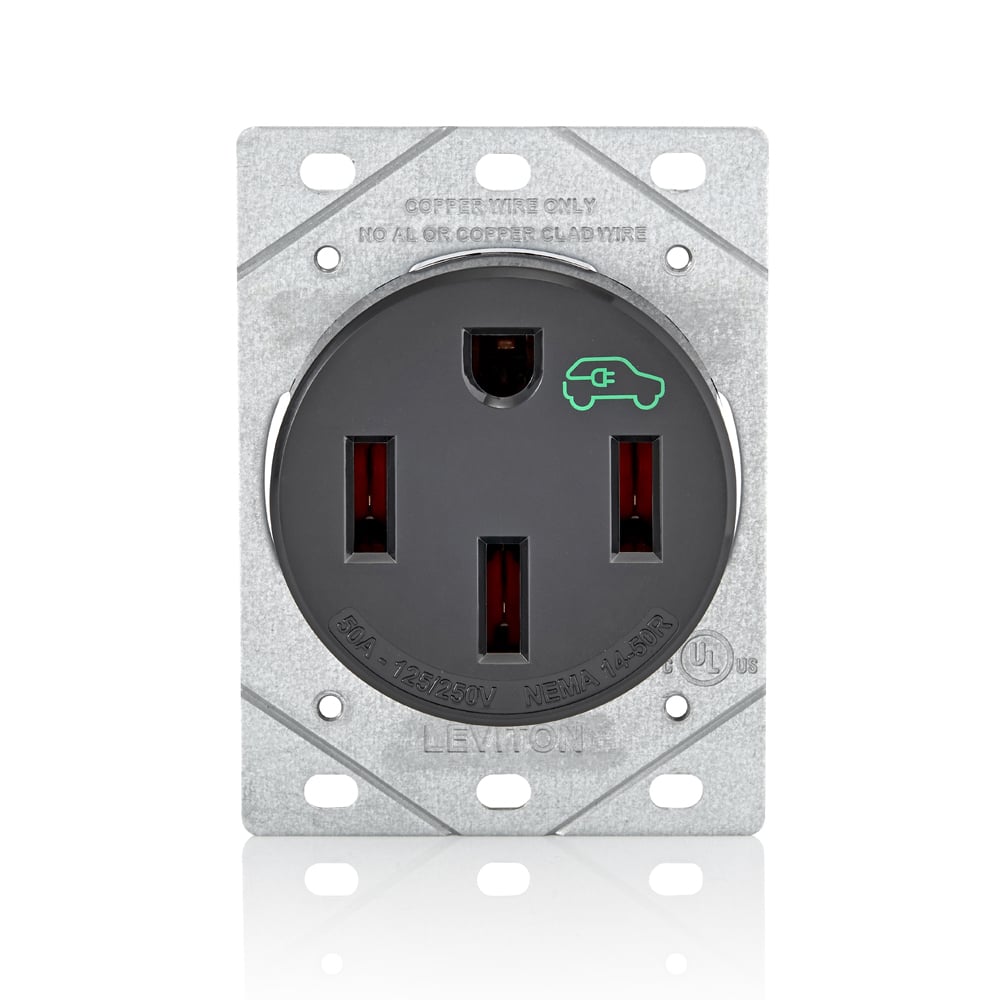 1450R Heavy Duty Flush Mount Receptacle, For Use With EV Chargers, NEMA 14-50R Enclosure, 125/250 V AC, Steel, Black