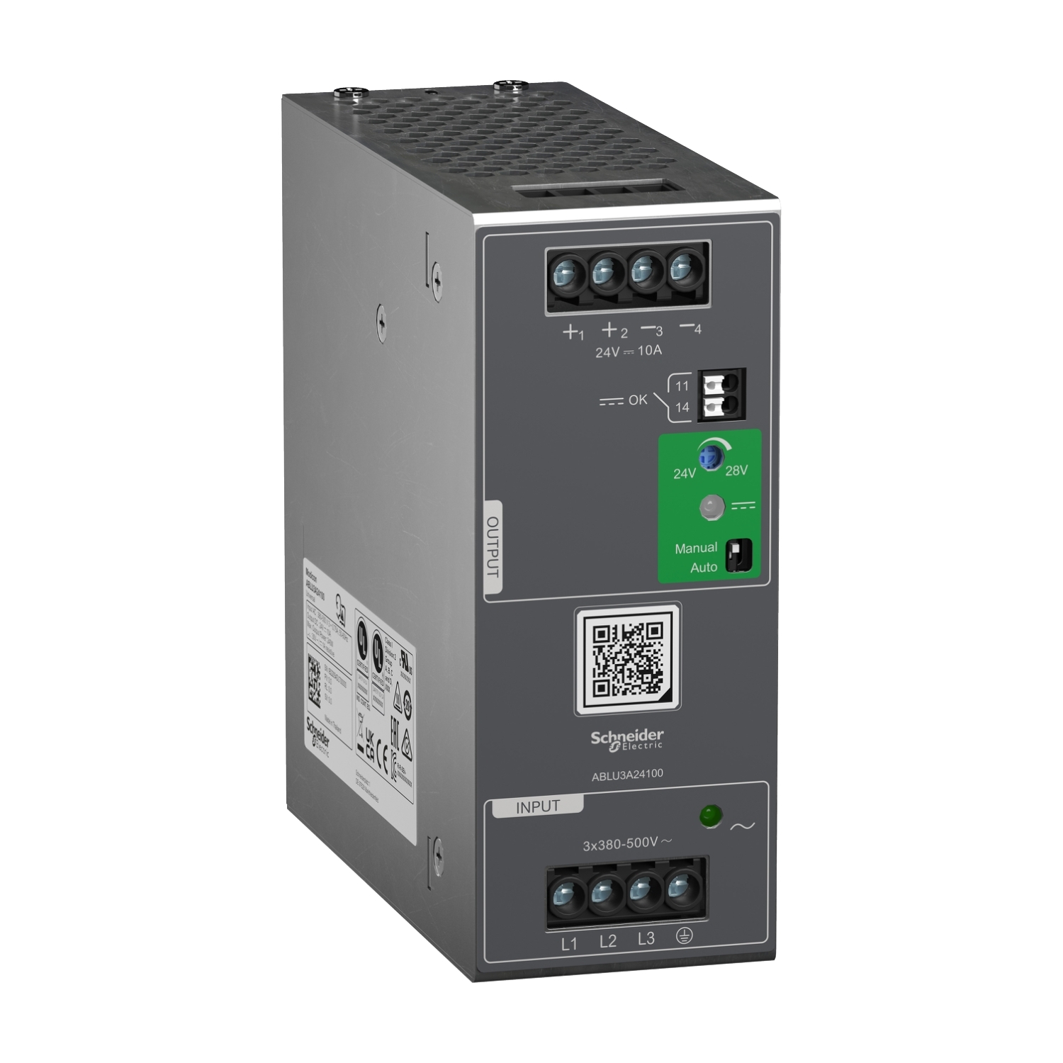 ABLU3A24100 Regulated Power Supply, 380 to 500 V AC Input, 24 VDC Output, 480 W Power Rating, 10 A, DIN Rail Mounting