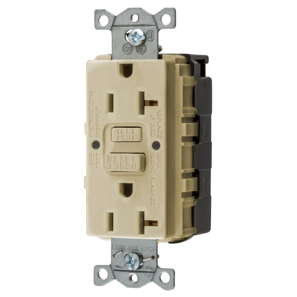 GFRST20SNAPI 1-Phase Decorator Duplex Heavy Duty Standard Self-Test Screw Mount GFCI Receptacle, 125 VAC, 20 A, 2 Poles, 3 Wires, Ivory
