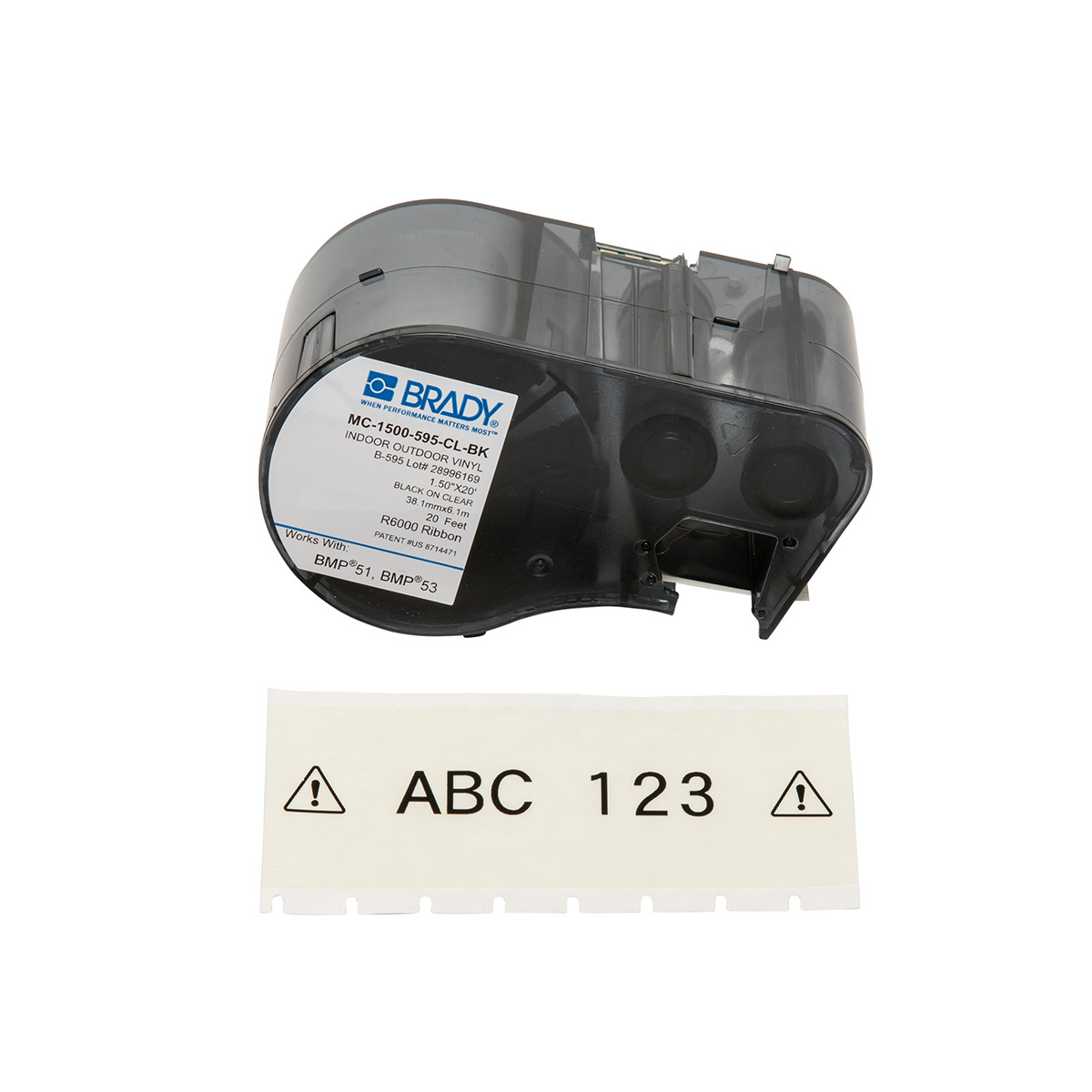 MC-1500-595-CL-BK M Series Label Maker Cartridge, 20 ft L x 1-1/2 in W, For Use With BMP 53 and BMP 51 Label Maker, B-595 Vinyl, Black on Clear
