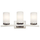 The Crosby 23in; 3 light Vanity Light features a contemporary style with its clean lines and metal accents in Brushed Nickel finish and satin etched cased opal. The Crosby vanity light works in several aesthetic environments, including traditional and modern.
