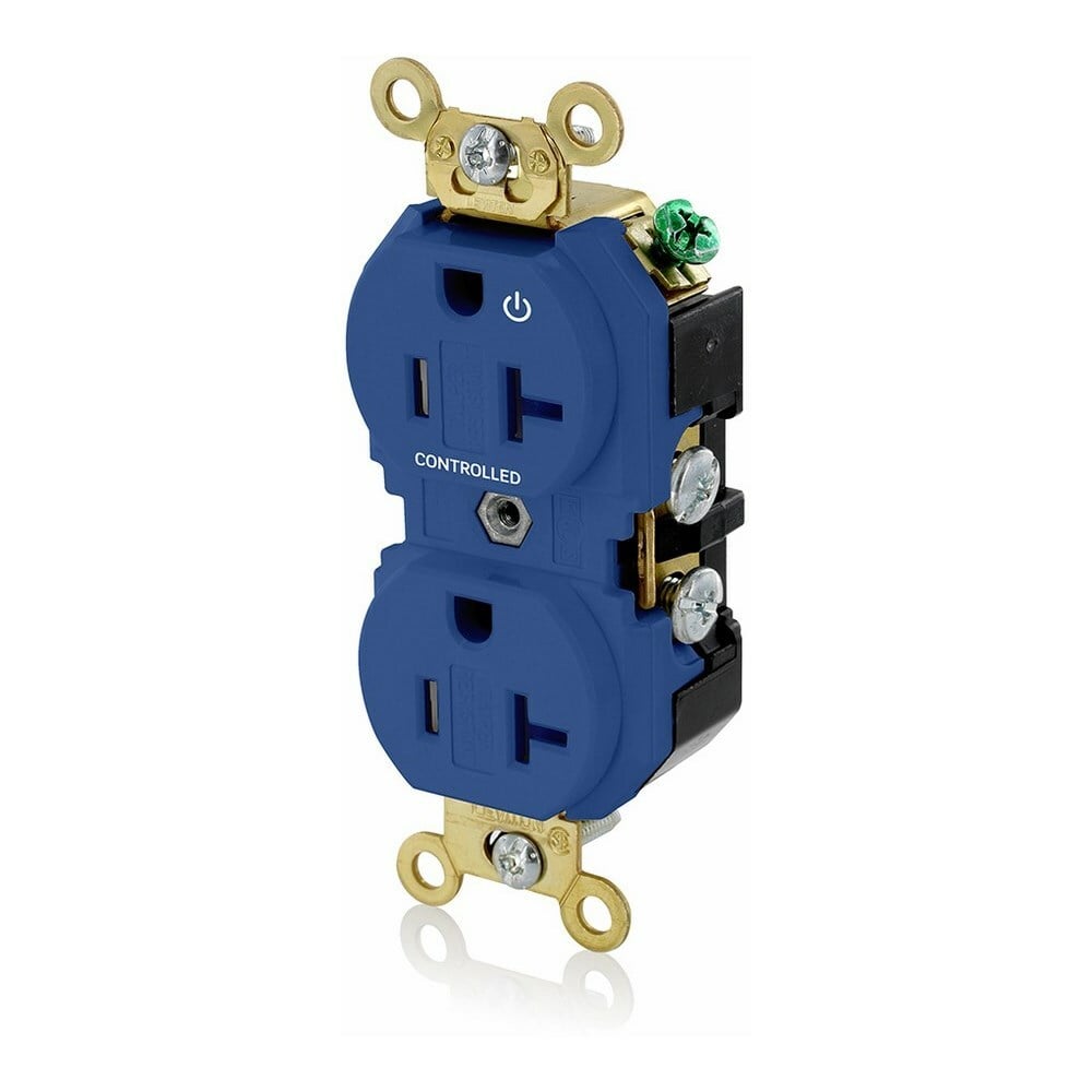5362-1PB Extra Heavy Duty Self Grounding Tamper Resistant Straight Blade Duplex Receptacle With 1 Plug Controlled Markings, 125 V AC, 20 A, 2 Poles, 3 Wires, Blue