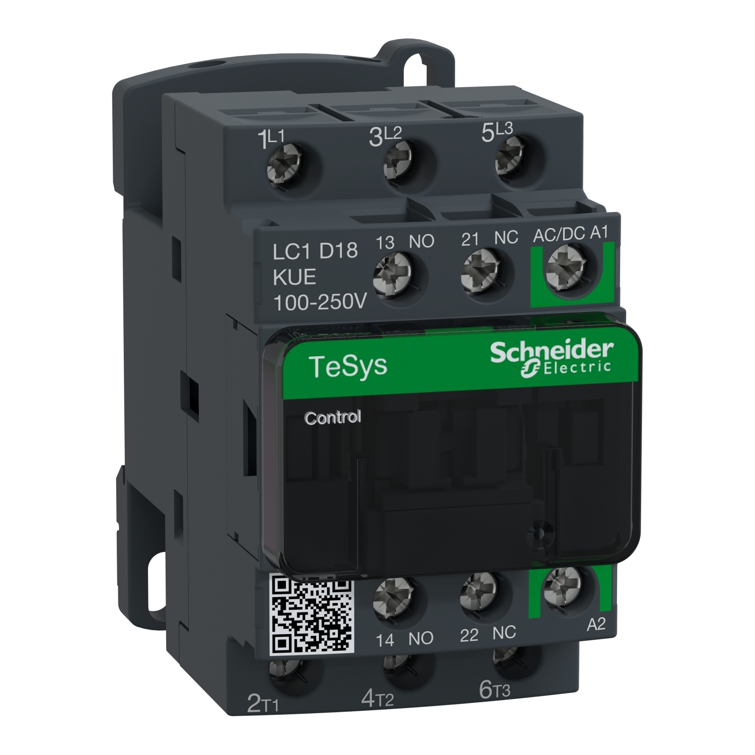 LC1D18KUE TeSys D 1/3 Phase Non-Reversing Contactor With Front Cover, 100 to 250 V AC/100 to 250 V DC V Coil, 18 A, 3NO Contact, 3 Poles