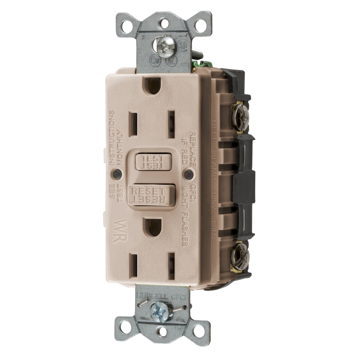 GFWRST15AL Grounding Heavy Duty Self-Test Weather-Resistant GFCI Receptacle, 125 V AC, 15 A, 2 Poles, 3 Wires, Almond