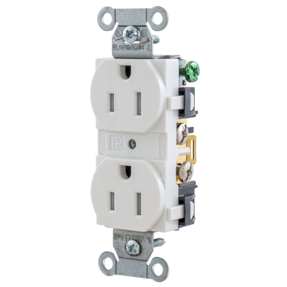 BR15WHITR 1-Phase Duplex Self-Grounding Screw Mount Straight Blade Receptacle, 125 V AC, 15 A, 2 Poles, 3 Wires, White