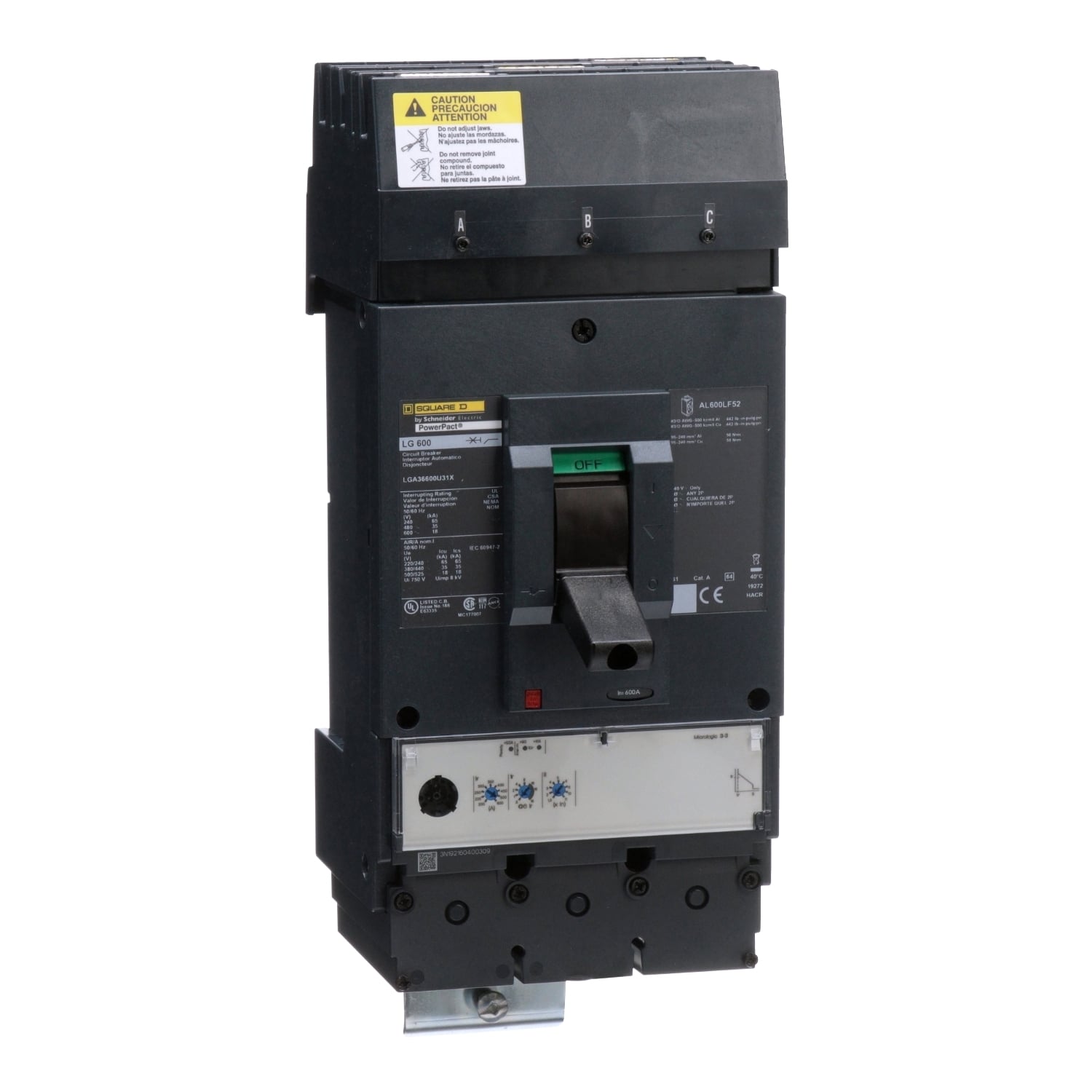LGA36600U31X I-Line PowerPact L Current Limiter Standard Molded Case Circuit Breaker, 600 V AC, 600 A, 18/35/65 kA Interrupt, 3 Poles, Electronic Trip