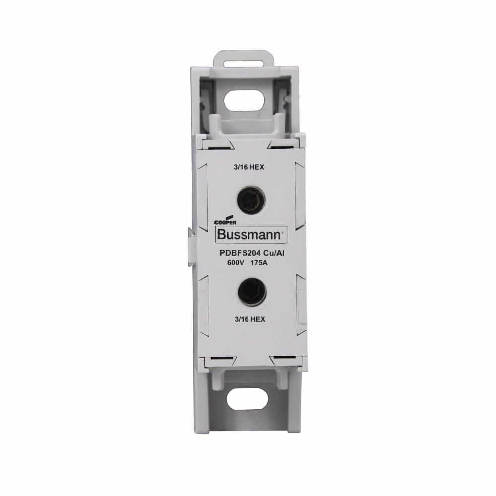 Eaton Bussmann series PDBFS power distribution block, IP-20 Finger-safe, 600 Vac, 600 Vdc, 175A, Power distribution block, SCCR: 200 kA, DIN rail, panel, Tin-plated aluminum connectors
