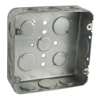 Square Box, 29.5 Cubic Inches, 4-11/16 Inches Square x 1-1/2 Inches Deep, 1/2 Inch and 3/4 Inch Knockouts, Galvanized Steel, Drawn Construction, Four Tapped Ears, For use with Conduit