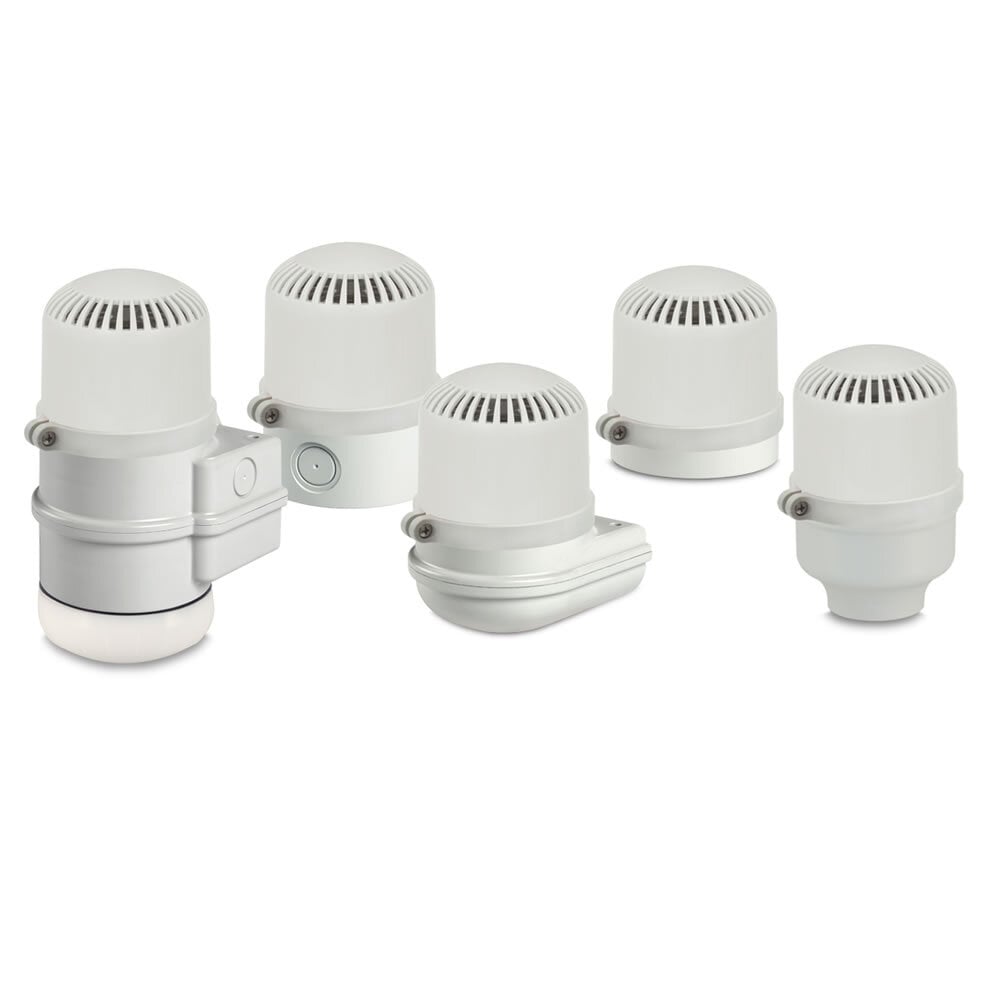 StreamLine Modular High Output Electronic Sounder, Gray - Compatible with 12-24VAC/DC or 120-240VAC(a). PLC compatible with PNP or NPN connections(a). Produces two tones. Choice of 64 selectable tones. Adjustable volume between 55 dBa to 105 dBa at 10 feet (65 to 115 dBa at 1 meter). Five mounting base options. Type 3R, IP65 enclosure. CE Certified. UL and cUL listed. Notes: (a)Voltage and PLC connections are dependent on selected base.