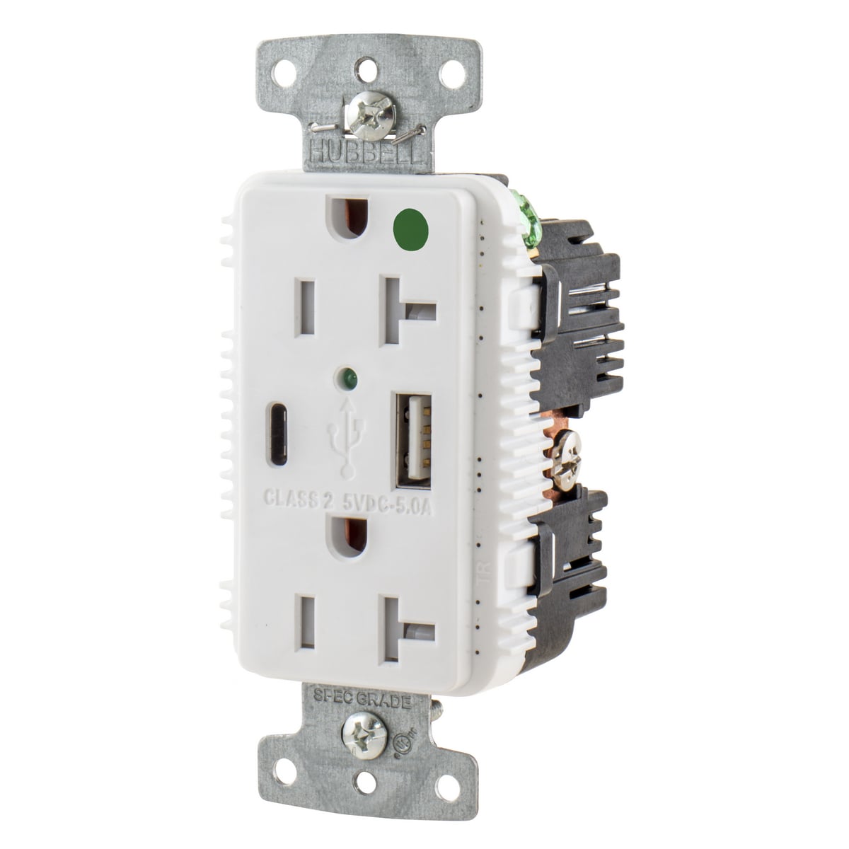 USB8300AC5W Duplex Grounding Tamper-Resistant Standard USB Charger Receptacle With Green LED, 125 V AC, 20 A, 1 hp, 2500 W, 1 Phase, 2 Poles, 3 Wires, White