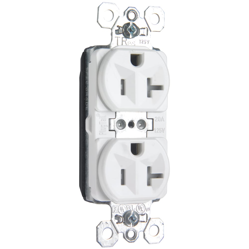 PTTR5362W PlugTail 20 Amp 125V Spec-Grade Duplex Receptacle, White