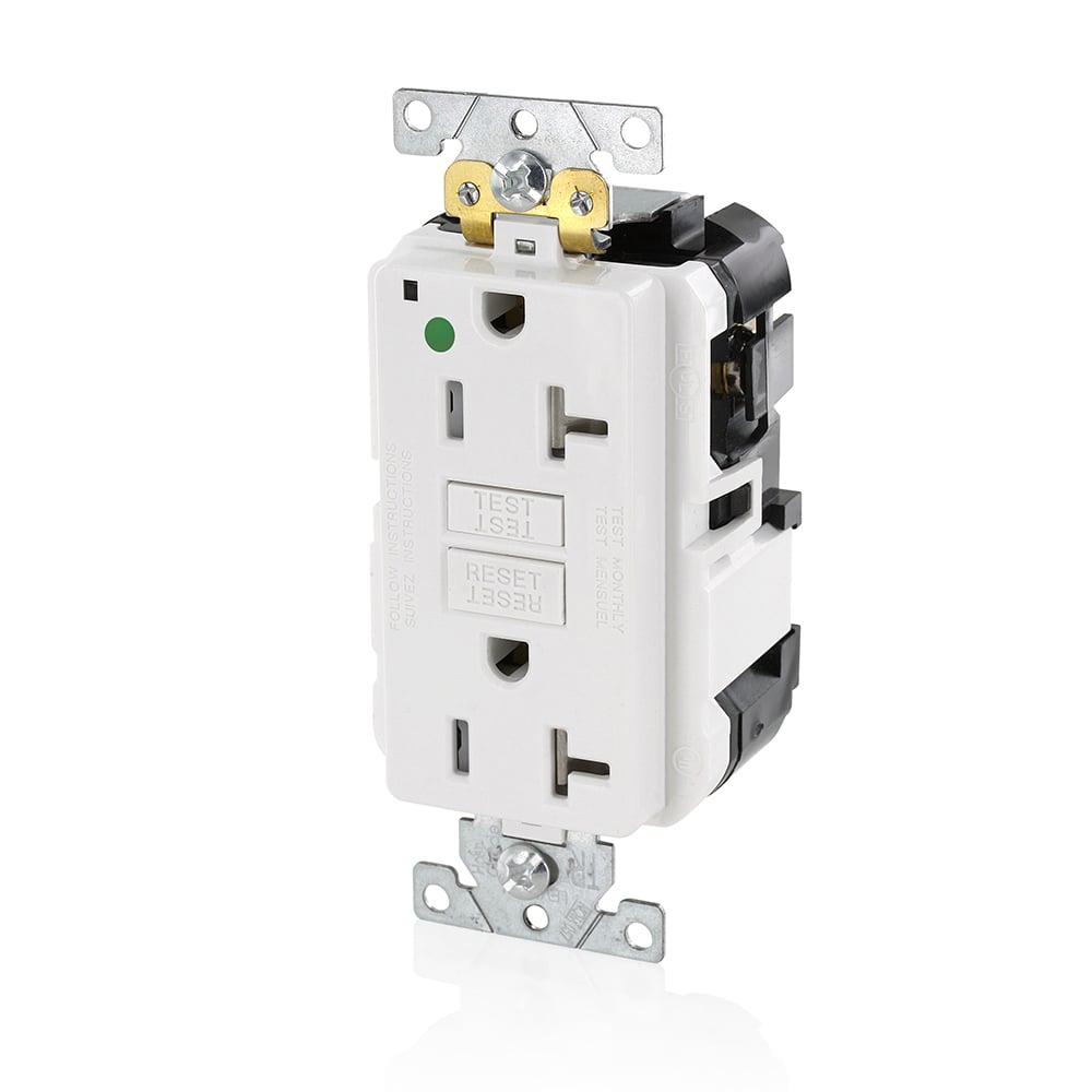 MGFT2-HGW SmartlockPro Slim Feed-Through Self-Test Tamper-Resistant GFCI Receptacle, 125 V AC, 20 A, 2 Poles, 3 Wires, White