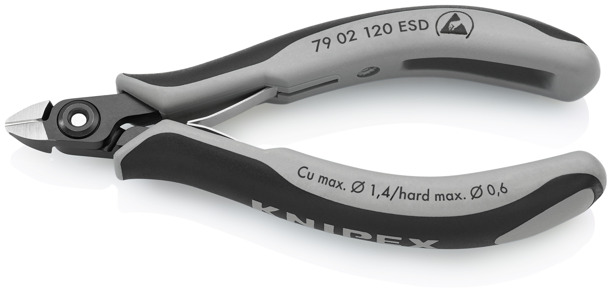 Electronics Diagonal Cutters-ESD Handles, 4 3/4 in., Multi-Component, Polished, Semi-Flush with very Small Bevel Cut, Oval Head, Up to 1/64 in. Hard Wire