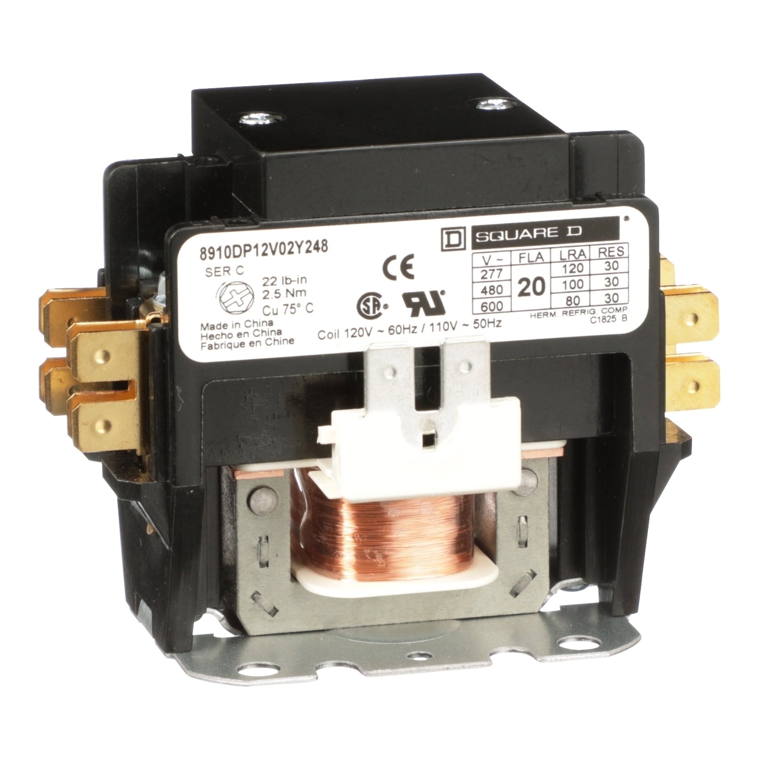 8910DP12V02Y248 8910DP 1-Phase Contactor, 110/120 V AC V Coil, 20 A, 2NO Contact, 2 Poles