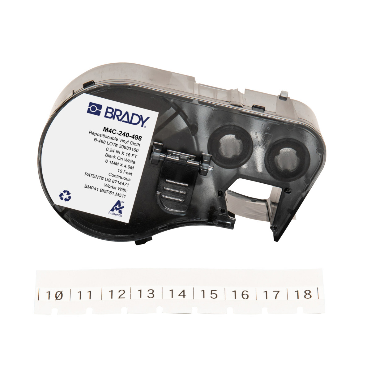M4C-240-498 Repositionable Wire and Component Label, 4.88 m L x 6.10 mm W, Black on White, B-498 Vinyl Cloth