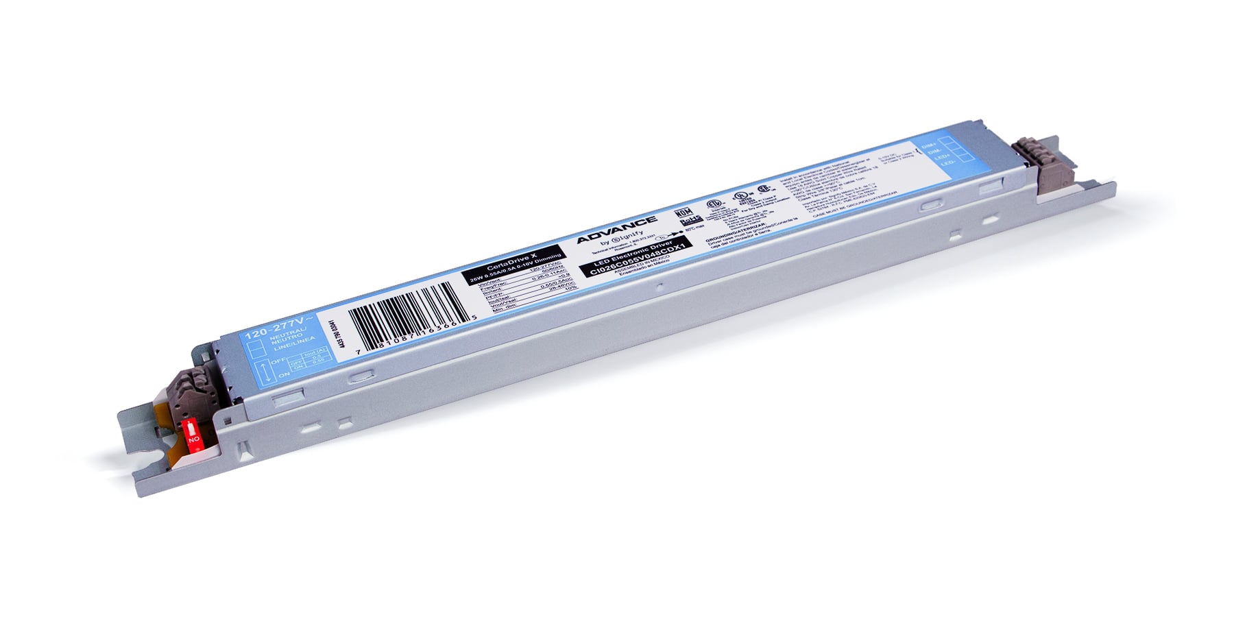 CI045C093V048CDX1M Advance CertaDrive X Series Linear Single Current LED Driver, 120 to 277 V AC Input, 48 V Output, 45 W Power Rating, 11.02 in L x 1.18 in W