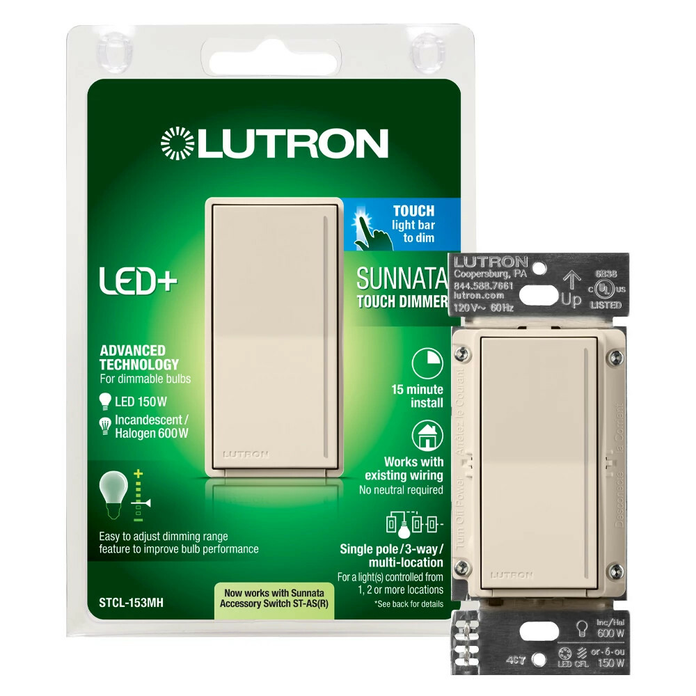 STCL-153M-LA Sunnata LED+ Dimmer Switch, 150W LED, 1 Pole/Multi-Location, No Neutral Required, 120V, Light Almond