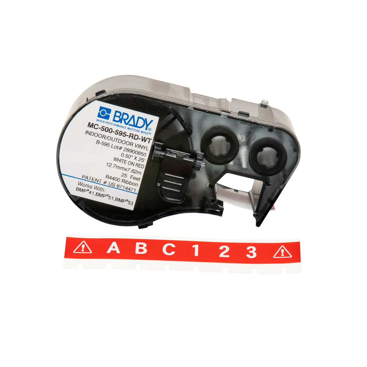 MC-500-595-RD-WT M Series Label Maker Cartridge, 25 ft L x 1/2 in W, For Use With BMP 41 Label Printers, BMP 51 and BMP 53 Label Maker, B-595 Vinyl, White on Red