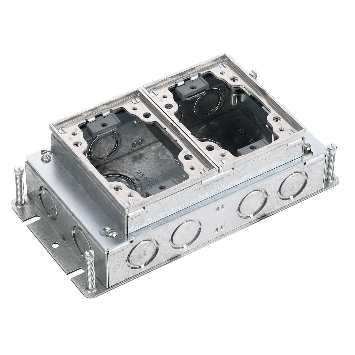 BA2422 B24 Fully Adjustable Shallow Standard Sized Floor Box, Stamped Steel, 35 cu-in/Gang Capacity, 2 Gangs, (8) Knockouts, 4.81 in L x 9.25 in W x 2.74 in H