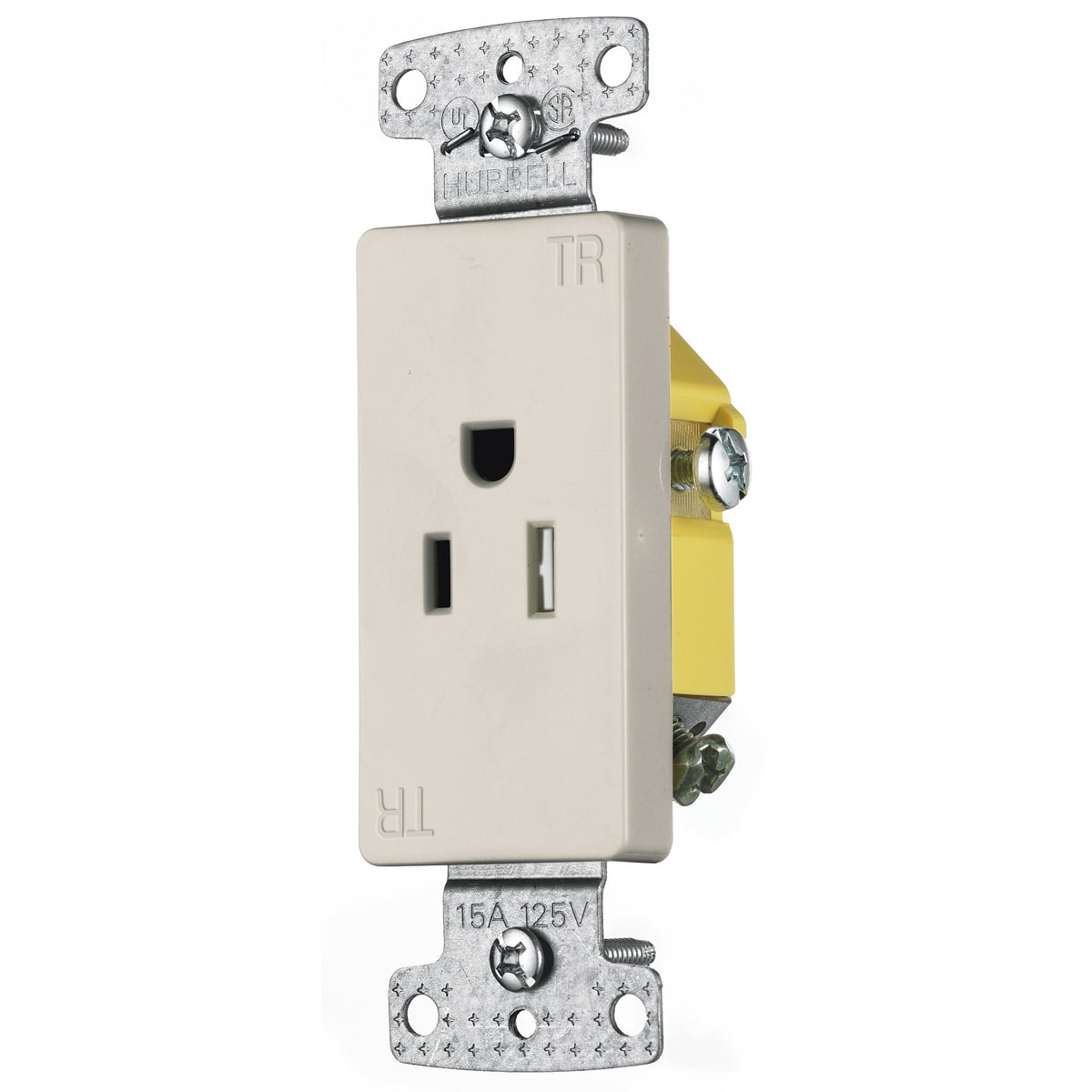 RRD151LATR 1-Phase Decorator Single Self-Grounding Standard Tamper-Resistant Straight Blade Receptacle, 125 V AC, 15 A, 2 Poles, 3 Wires, Light Almond