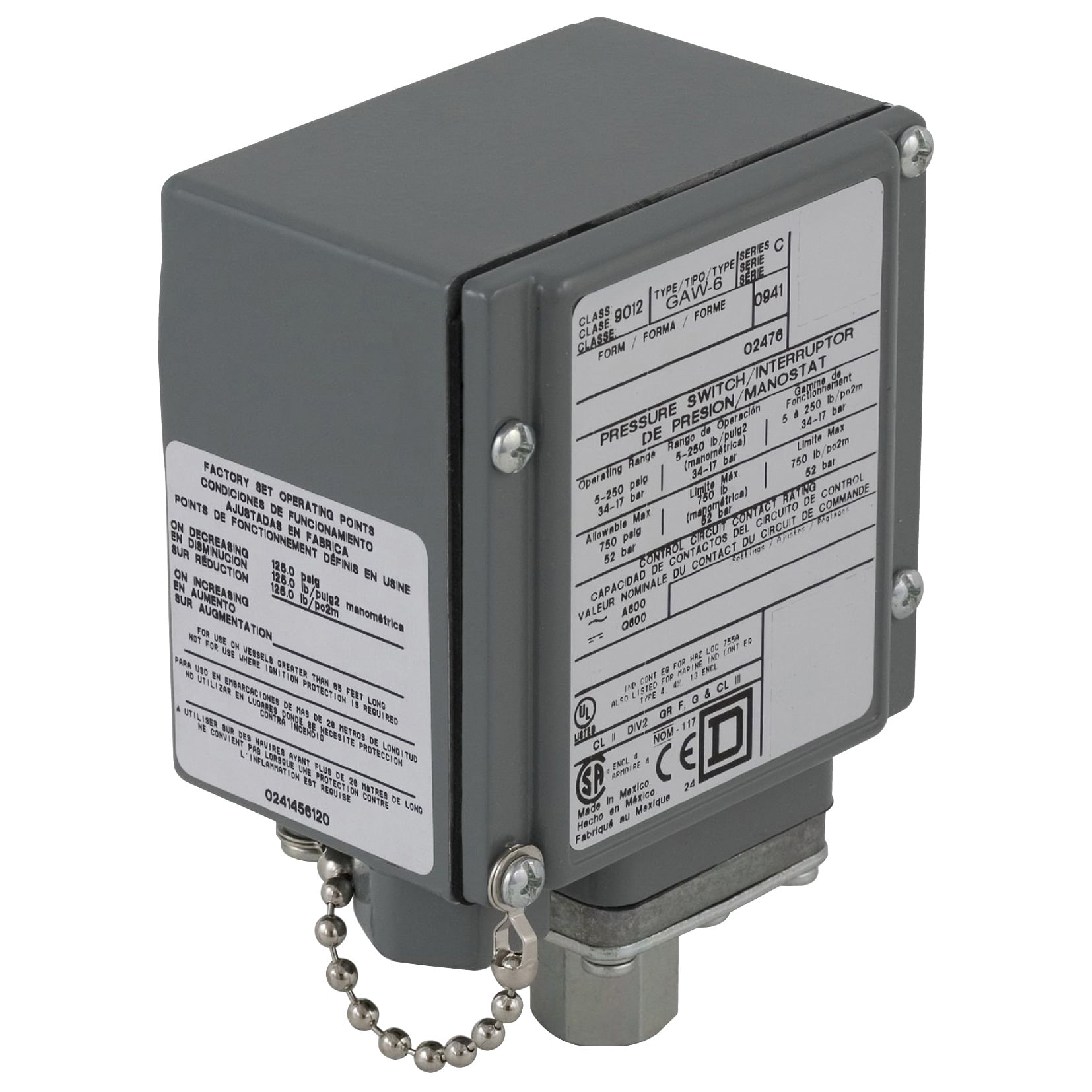 Pressure switch 9012G, adjustable scale, 2 thresholds, 3.0 to 150 PSIG
