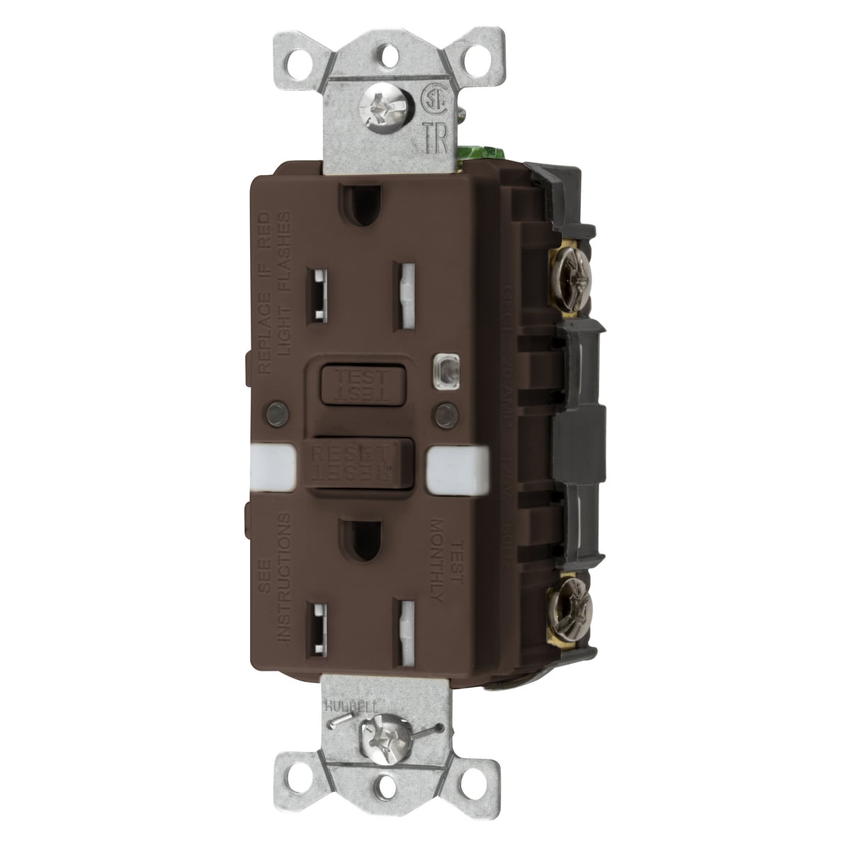 GFTRST15NL Decorator Duplex Straight Blade Self-Test Tamper Resistant GFCI Receptacle, 125 VAC, 15 A, 2 Poles, 3 Wires, Brown