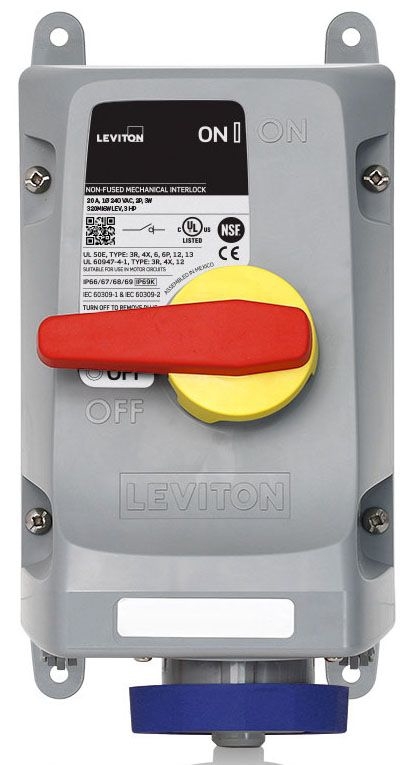 320MI6WLEV LEV Pin and Sleeve Non-Fused Mechanical Interlock, 240 V AC, 20 A, 2 Poles, 3 Wires