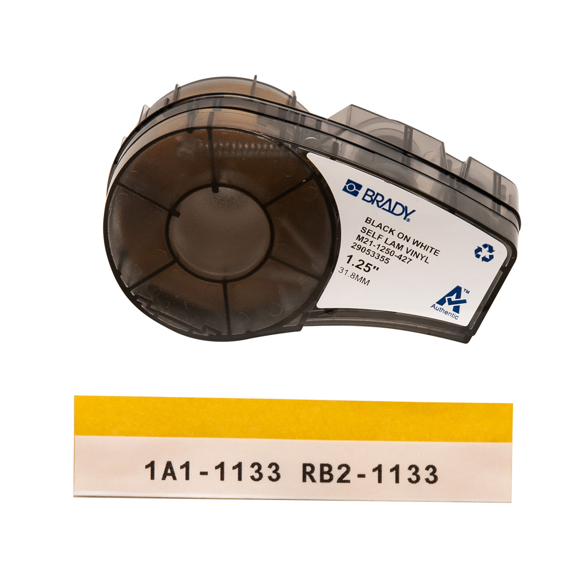 M21-1250-427 BPM21 Self-Laminated Label Cartridge, 14 ft L x 1-1/4 in W, For Use With BMP 21 PLUS Portable Label Printers, B-427 Vinyl, Black on Translucent/White