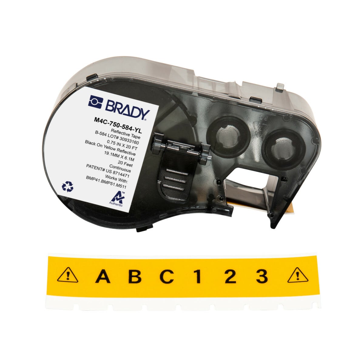 M4C-750-584-YL High Surface Energy Retro Reflective Label, 20 ft L x 0.75 in W, Black on Yellow, B-584 Reflective Tape