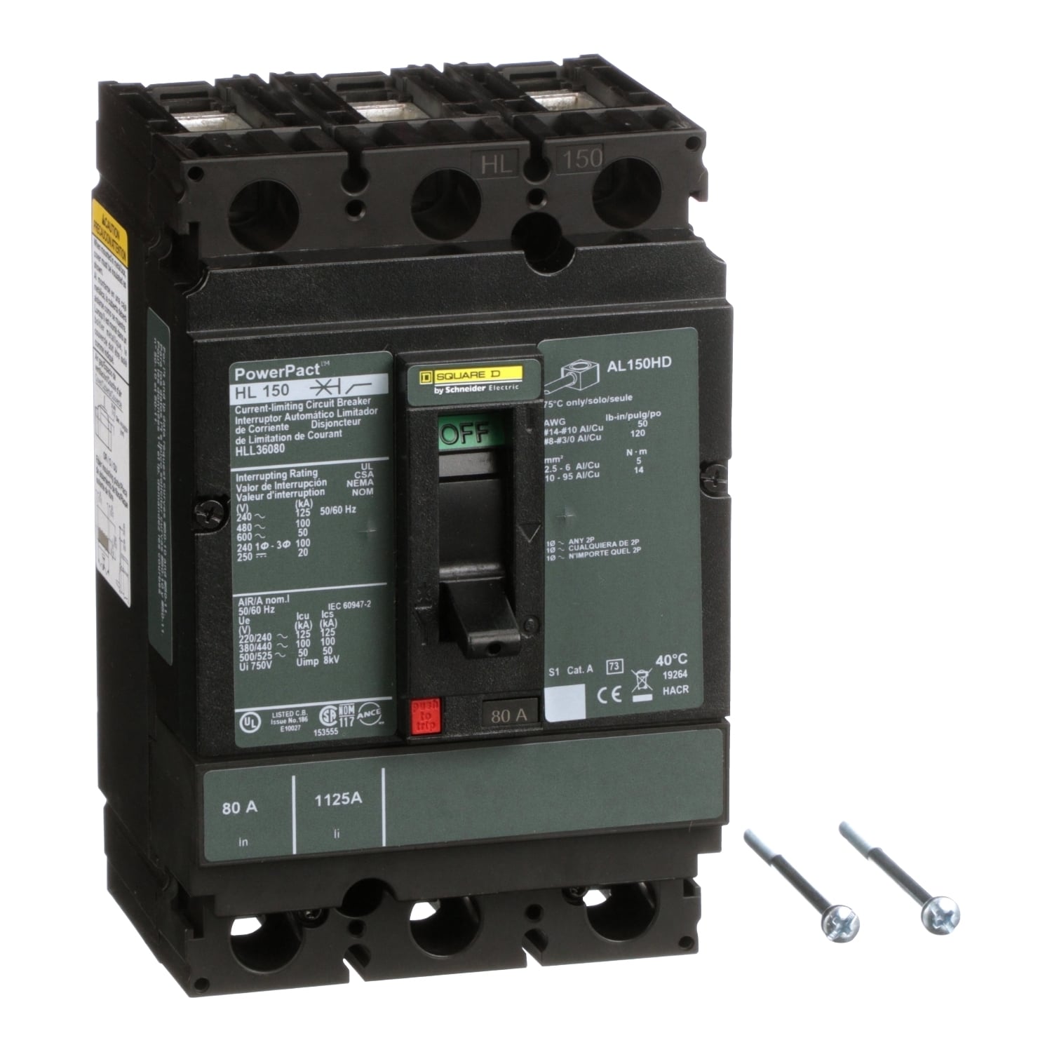 HLL36080 I-Line PowerPact Type HLL Molded Case Circuit Breaker, 600 V AC/250 to 500 V DC, 80 A, 125 kA at 240 VAC/100 kA at 480 VAC/50 kA at 600 VAC/20 kA at 250 VDC/50 kA at 500 VDC Interrupt, 3 Poles, Thermal Magnetic Trip