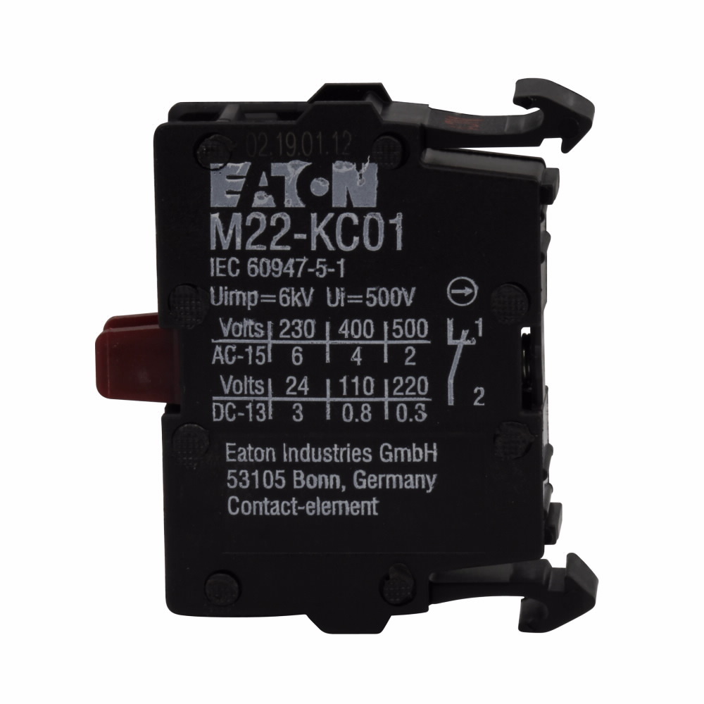 M22-KC01 Contact Block, 22.5 mm, 1NC Contact, 4 A at 230 V AC, 2 A at 500 V AC Contact, Momentary Action, Black