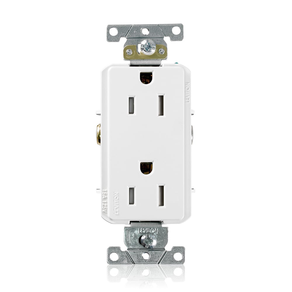 TDR15-W TDR15 Duplex Heavy Duty Self-Grounding Smooth Face Tamper-Resistant Straight Blade Receptacle, 125 V AC, 15 A, 2 Poles, 3 Wires, White