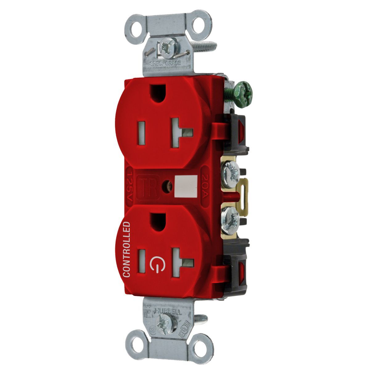 BR20C1RTR Duplex 1-Controlled Face Tamper-Resistant Straight Blade Receptacle, 125 V AC, 20 A, 2 Poles, 3 Wires, Red